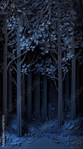 Minimalist Layered Paper Art of a Dark Forest with Dense Trees and Bold Lines in Earth Tones