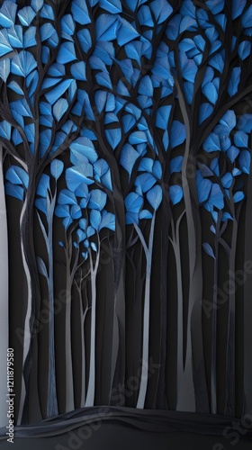 Minimalist Layered Paper Art of a Dark Forest with Dense Trees and Bold Lines in Earth Tones