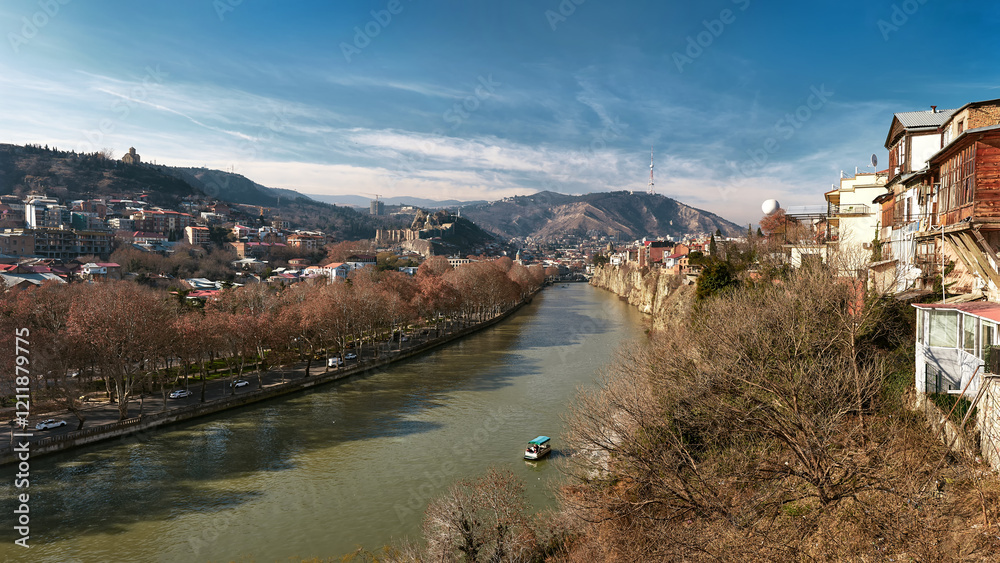 Fototapeta premium Panoramic image aerial view of the historical part of the city with a embankment the river.