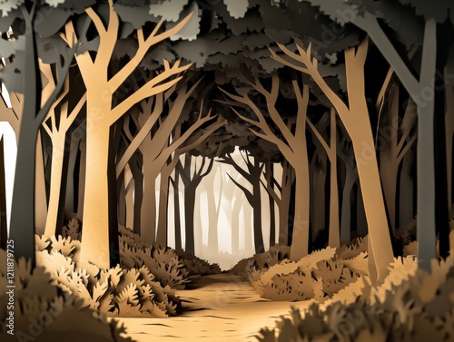 Minimalist Layered Paper Art of a Dark Forest with Dense Trees and Bold Lines in Earth Tones