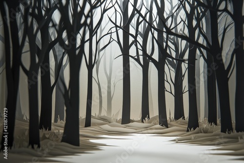 Minimalist Layered Paper Art of a Dark Forest with Dense Trees and Bold Lines in Earth Tones