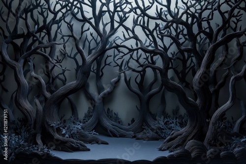 Minimalist Layered Paper Art of a Dark Forest with Dense Trees and Bold Lines in Earth Tones