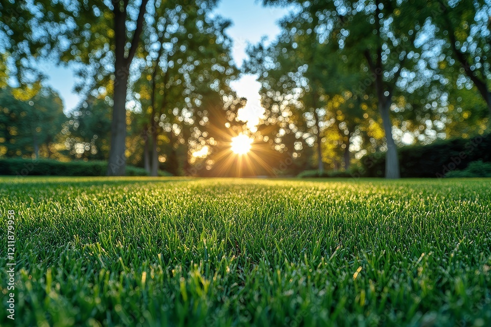 Beautiful green grass in a garden with blurred background of trees and blue sky at sunset, captured with a wide-angle lens and natural light.