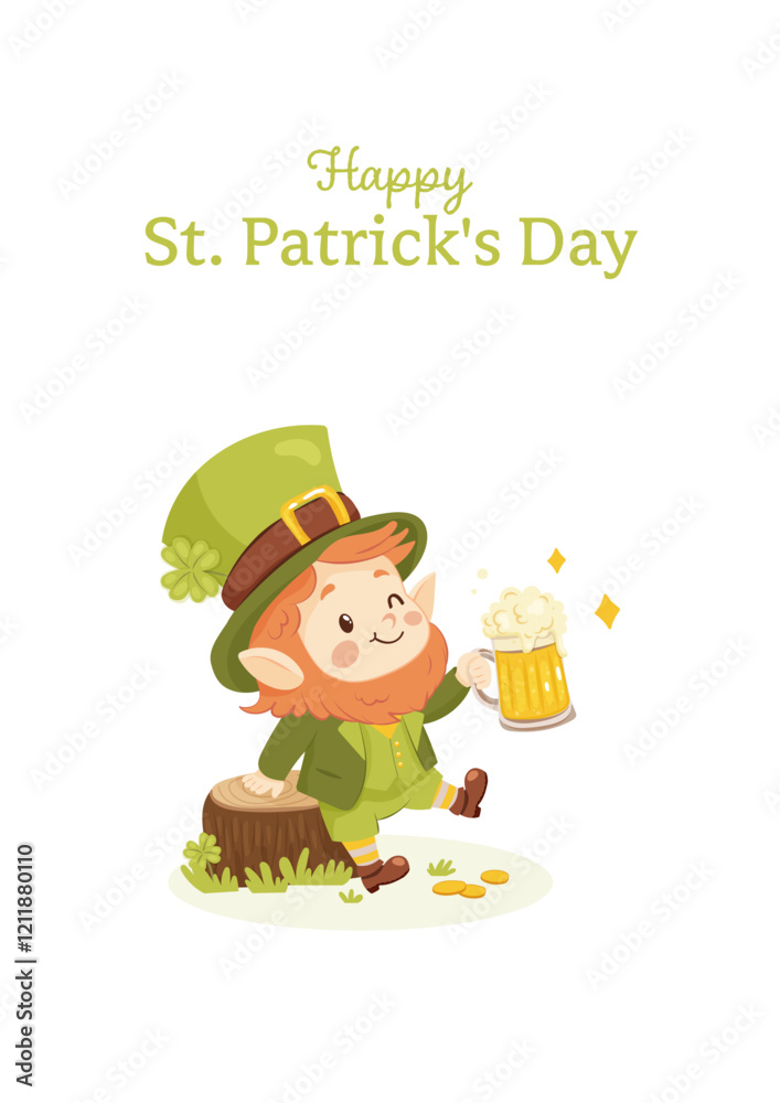 Naklejka premium St. patricks day. A postcard of a cute leprechaun with a beer.