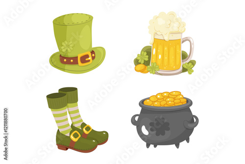 St. patrick's day, clip art, set , hat, beer and clover, shoes with gaiters and pot of gold
