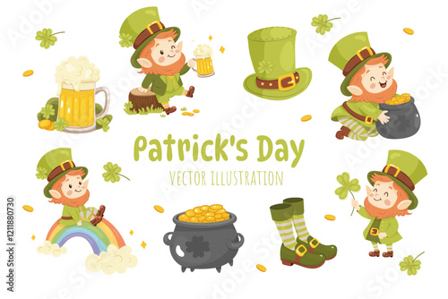 St. patricks day, clip art, cute leprechaun set, hat, beer and clover