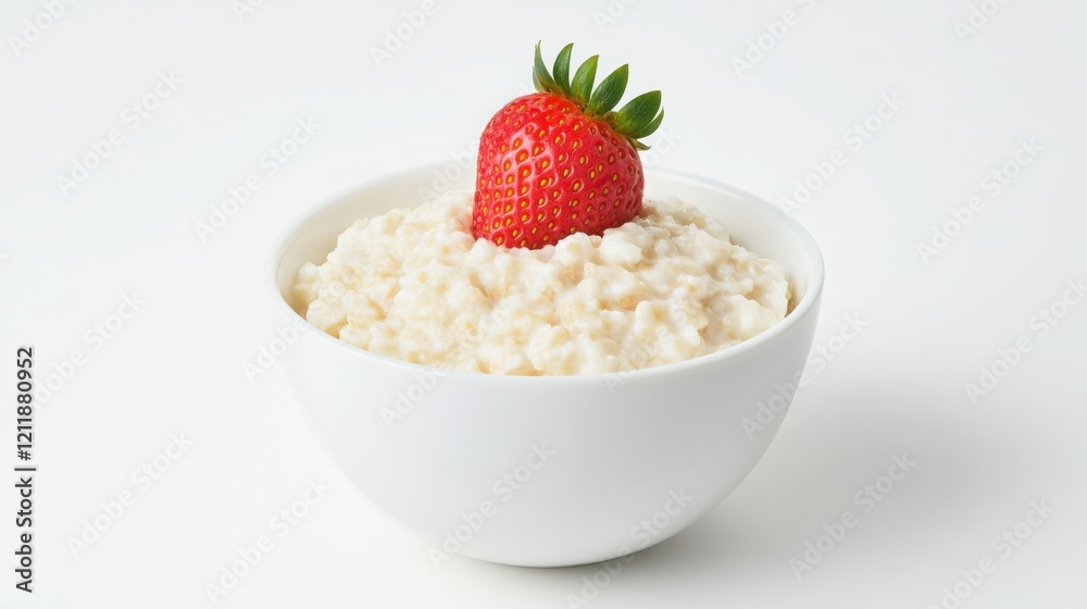 A minimalistic setup with a plain white bowl of oatmeal, a single strawberry on top A minimalistic setup with a plain white bowl of oatmeal, a single strawberry on top