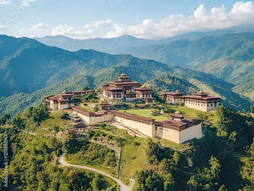 Bhutanese monastery, aerial view, mountain valley, sunny day, travel tourism photo