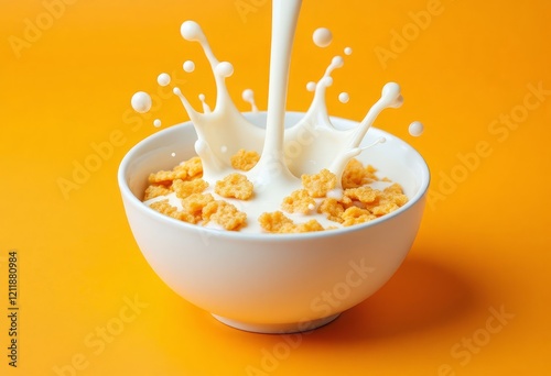 White milk pouring on cereal in bowl with yellow background