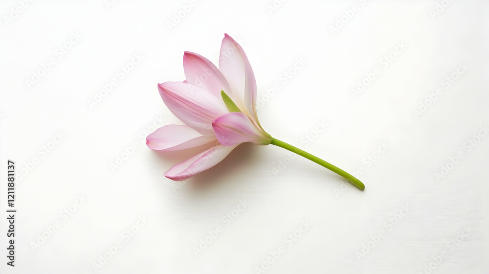 Fototapeta premium Pink lotus flower, stem, white background, minimalist, spa, wellness