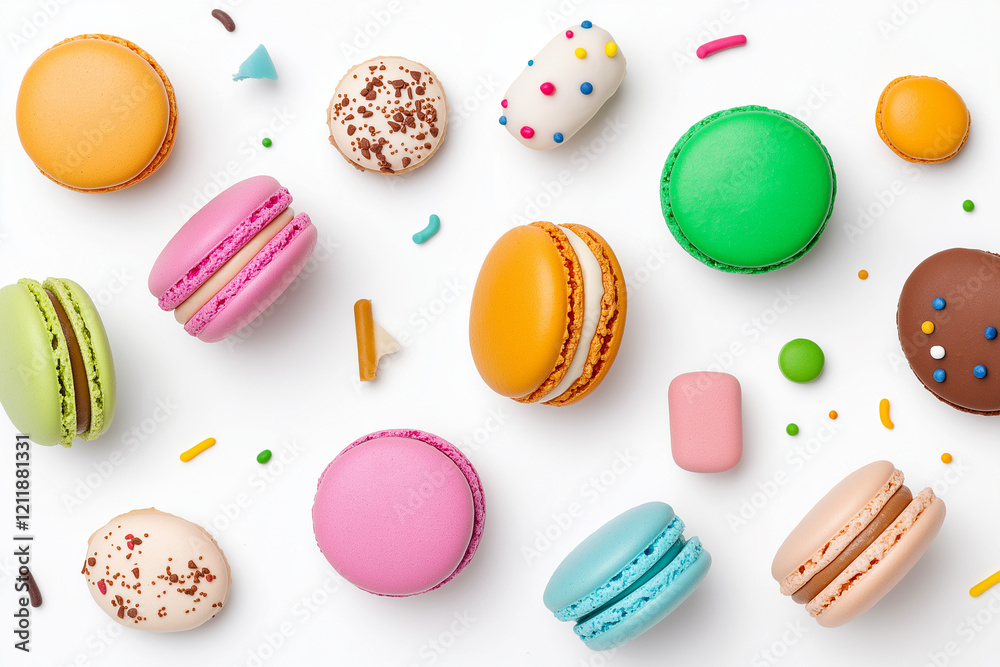 Colorful french macaron cookies, isolated on white background Colorful french macaron cookies, isolated on white background