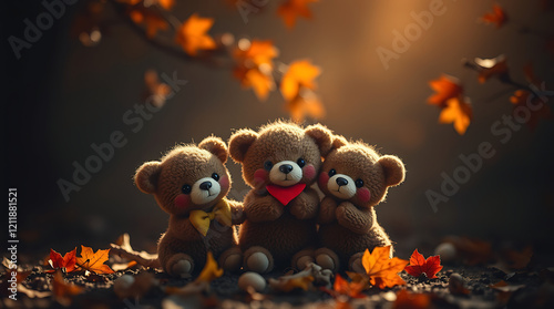 Cute teddy bears, autumn leaves, soft lighting, bokeh, warm colors, cozy atmosphere, stuffed animals, fall season, woodland scene, nostalgic mood, golden hour, dark background, plush toys, fuzzy textu photo