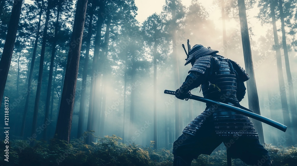 Naklejka premium Samurai in Forest with Misty Backdrop Holding Katana Sword in Ready Stance