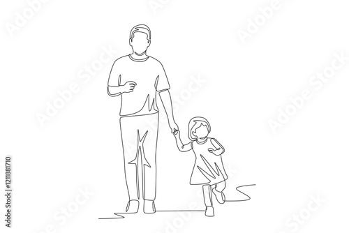 Father and daughter are walking. Dad and daughter concept one-line drawing