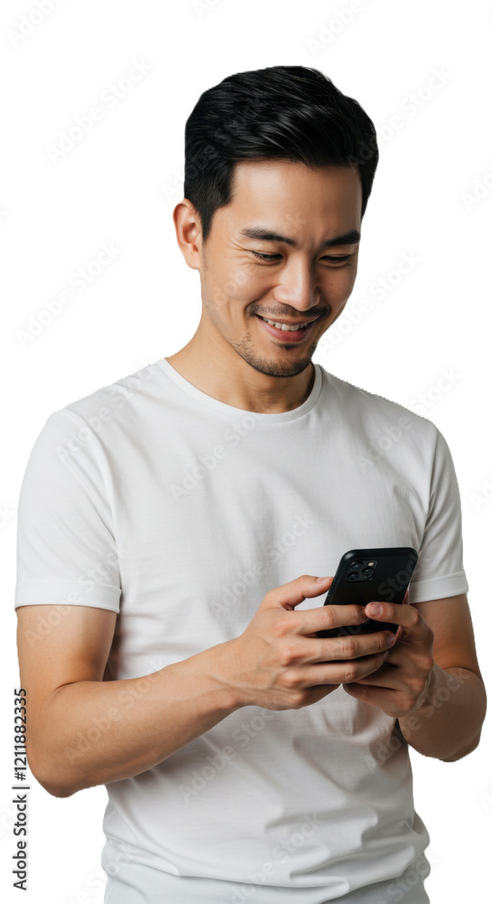 笑顔の若いアジア人男性、白Tシャツでスマホ操作、白い背景 笑顔の若いアジア人男性、白Tシャツでスマホ操作、白い背景