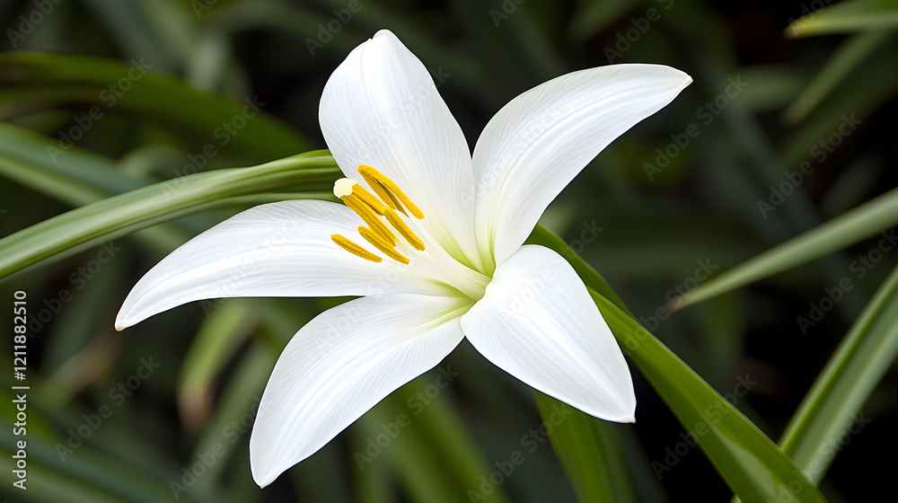 Pure white lily blossom in garden, green foliage background, nature photography, perfect for greeting cards Pure white lily blossom in garden, green foliage background, nature photography, perfect for greeting cards