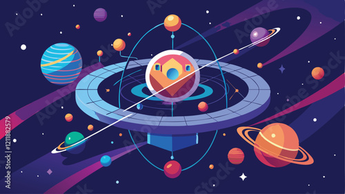 Fototapeta Naklejka Na Ścianę i Meble -  Abstract Illustration of Orbital Space Station with Starry Sky and Points Lines Background Vector