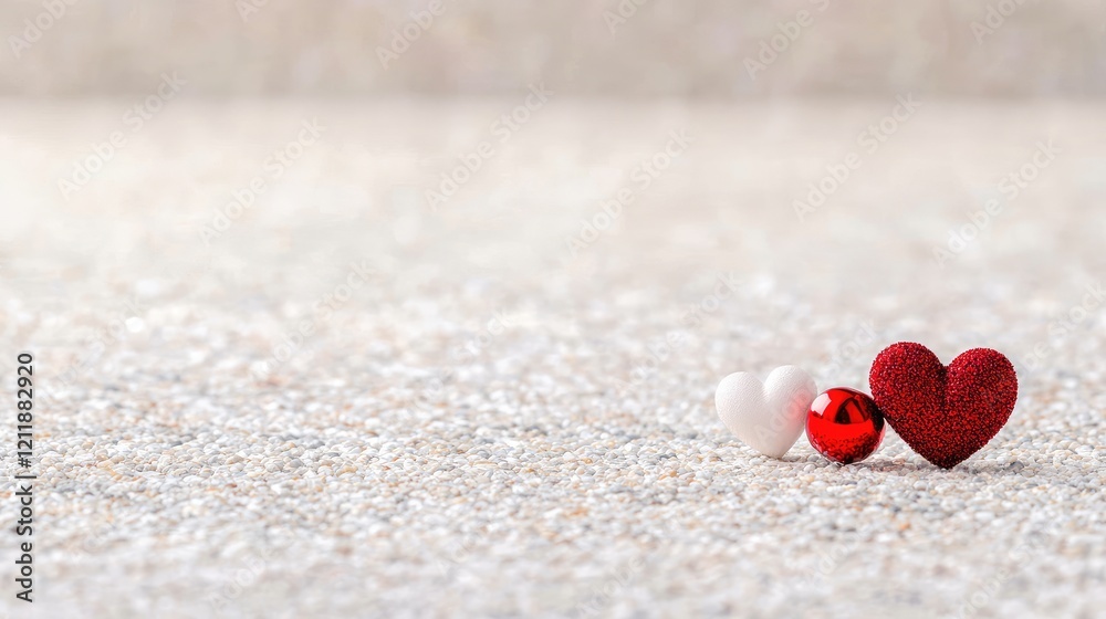 Fototapeta premium Red and white decorative hearts with a shiny red bead rest on a textured glittery surface, creating a minimalist Valentine's Day concept.