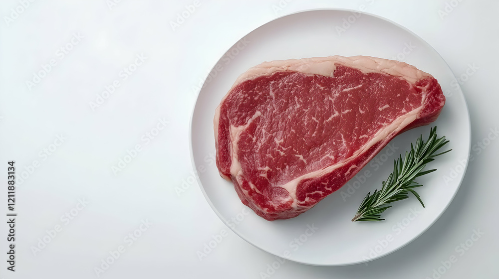 Raw ribeye steak on plate with rosemary, white background, food photography, recipe websites Raw ribeye steak on plate with rosemary, white background, food photography, recipe websites
