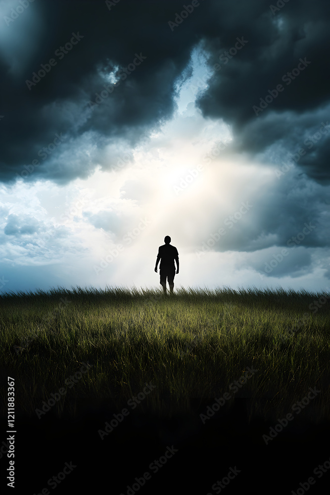 A silhouette of a person walking through a peaceful landscape, with each step pushing away dark clouds and bringing in sunlight.
A silhouette of a person walking through a peaceful landscape, with each step pushing away dark clouds and bringing in sunlight.
