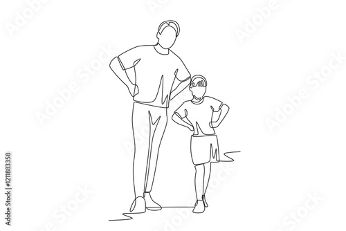 Fashionable father and daughter. Dad and daughter concept one-line drawing