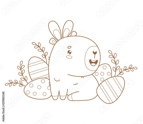 Outline Happy Easter Capybara in bunny ears with paschal eggs. Cute Holiday cartoon kawaii animal. Line drawing, coloring book. Vector illustration. Kids collection