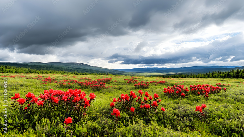 Red flowers bloom in a mountain meadow under a stormy sky; scenic landscape photography for travel brochures