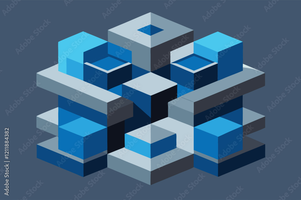 Abstract Isometric Cube Structure Blue, Gray, Geometric Shapes. Abstract Isometric Cube Structure Blue, Gray, Geometric Shapes.