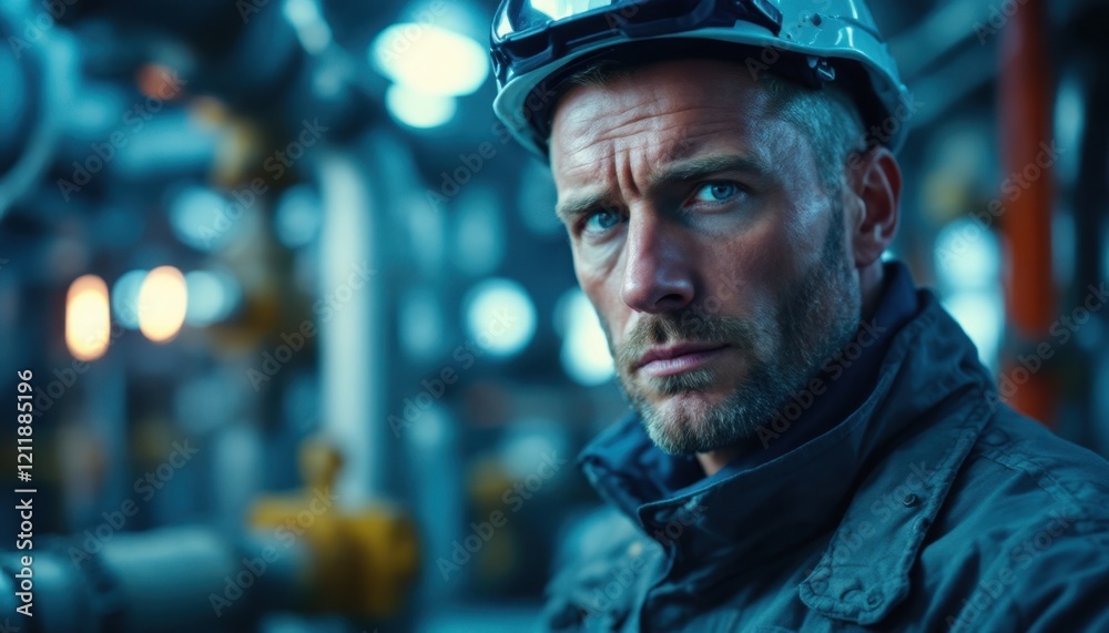Determined caucasian male engineer in industrial setting with helmet and blue jacket Determined caucasian male engineer in industrial setting with helmet and blue jacket