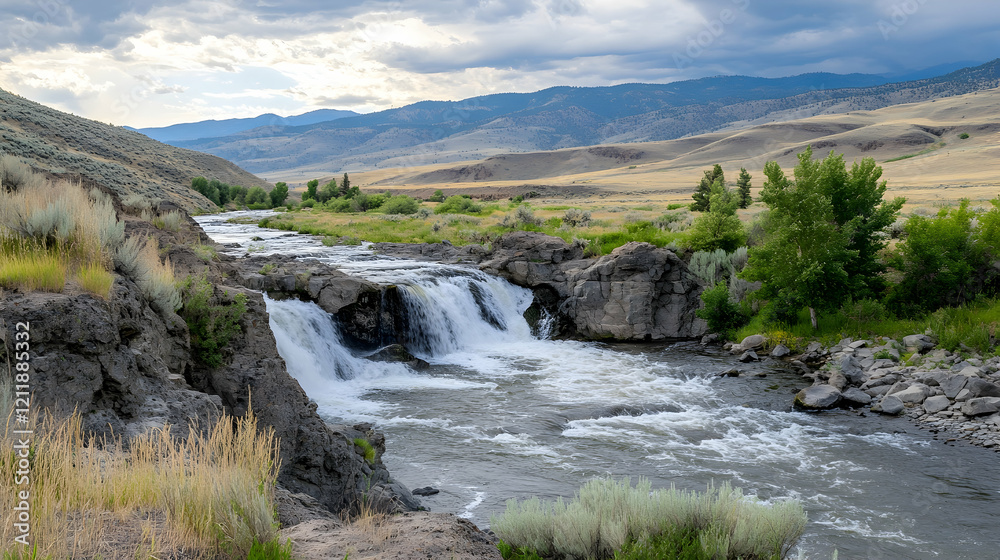 River cascading over rocks in a mountain valley, dramatic clouds in the background; ideal for travel brochures River cascading over rocks in a mountain valley, dramatic clouds in the background; ideal for travel brochures