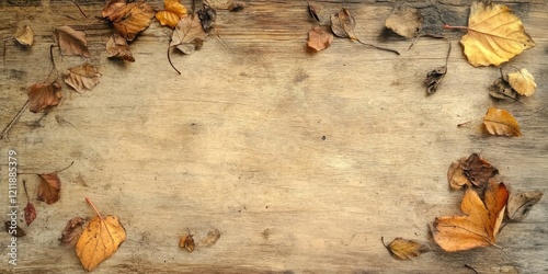 A wooden table with scattered autumn leaves in the corners, creating an empty space for text or images. The wood has a natural grain and warm tones, giving it depth and texture.  photo