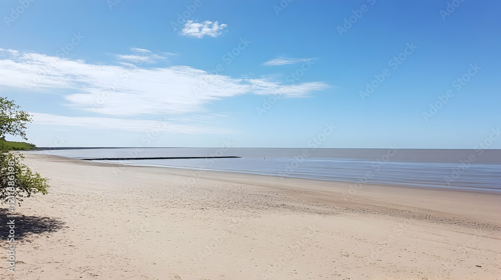 Sandy beach, calm ocean, clear sky, mangrove tree, coastal landscape, travel postcard Sandy beach, calm ocean, clear sky, mangrove tree, coastal landscape, travel postcard