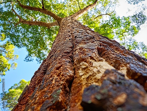 Giant tree trunk, forest canopy, sunlight, nature, outdoor background; for environmental themes photo