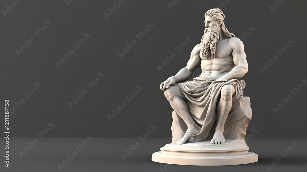 Seated muscular god statue, neutral background, 3D render, ideal for mythology or art projects Seated muscular god statue, neutral background, 3D render, ideal for mythology or art projects