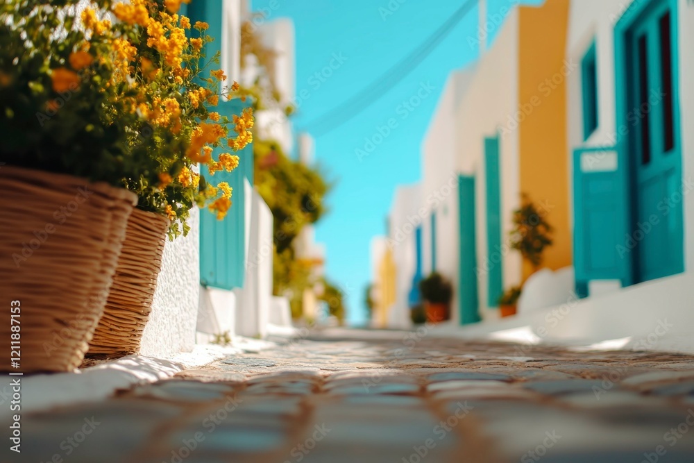 Obraz premium Vibrant Santorini Captivating Travel Photography of Cobblestone Streets and Mediterranean Serenity