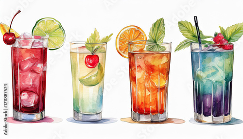 Watercolor set of alcohol cocktails on a white background