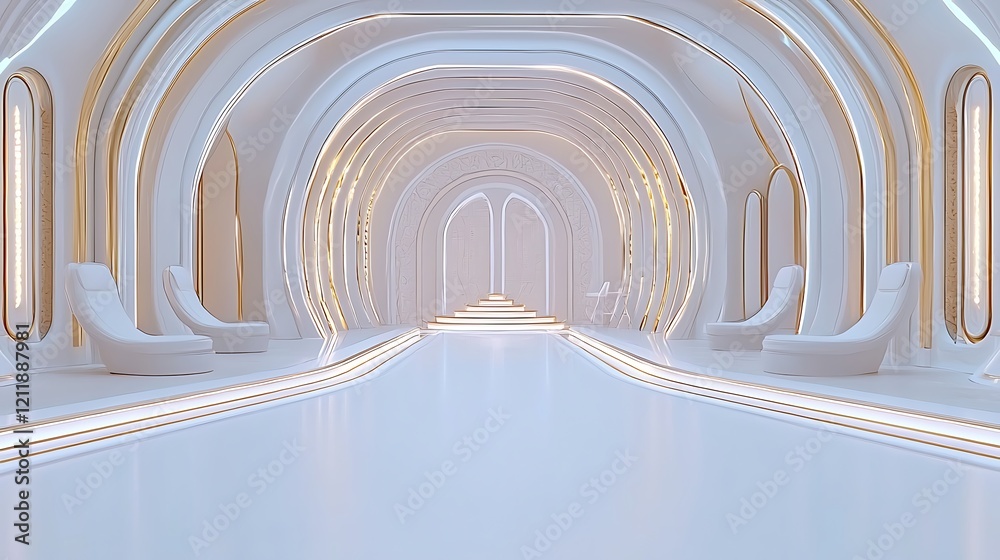 Obraz premium Futuristic white corridor, golden accents, relaxation area, background lighting, design concept