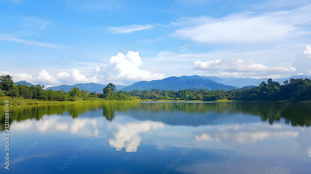 Serene lake reflecting mountains under a blue sky; perfect for travel brochures Serene lake reflecting mountains under a blue sky; perfect for travel brochures