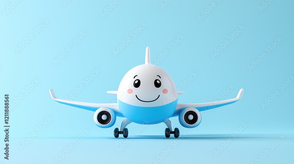 Fototapeta premium Cute cartoon airplane character with a smiling face stands on a light blue background.