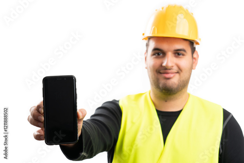 Close-up smartphone screen copyspace held by male constructor