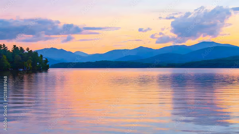 Serene sunset over calm lake reflecting mountains; idyllic nature scene for travel brochures Serene sunset over calm lake reflecting mountains; idyllic nature scene for travel brochures