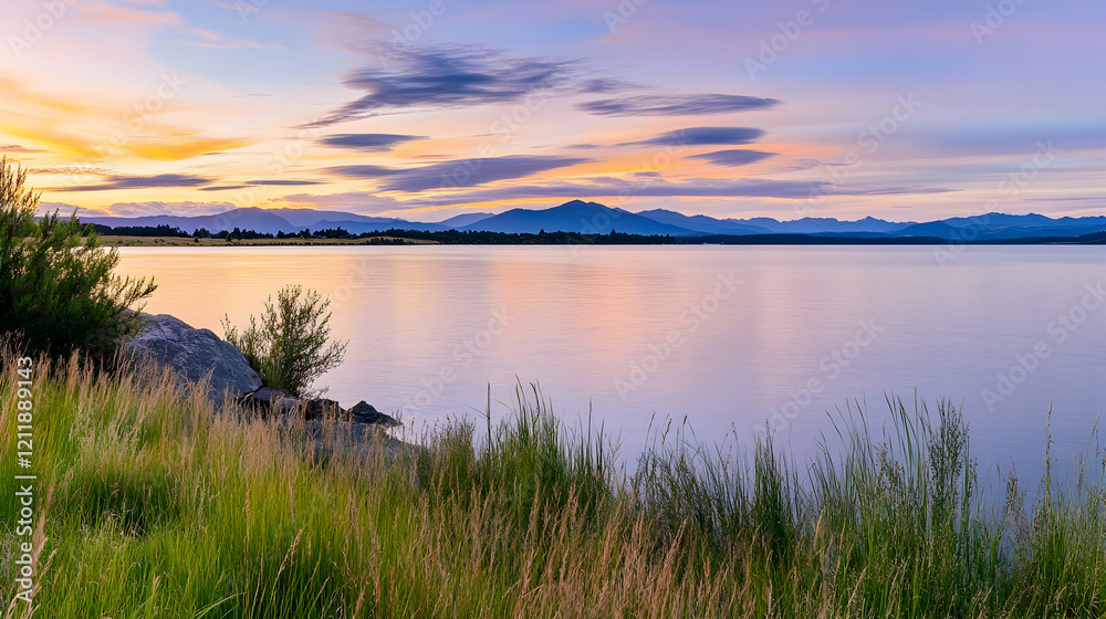 Serene sunset over lake, mountains backdrop, calm water, grasses foreground, peaceful nature scene, ideal for travel brochures Serene sunset over lake, mountains backdrop, calm water, grasses foreground, peaceful nature scene, ideal for travel brochures
