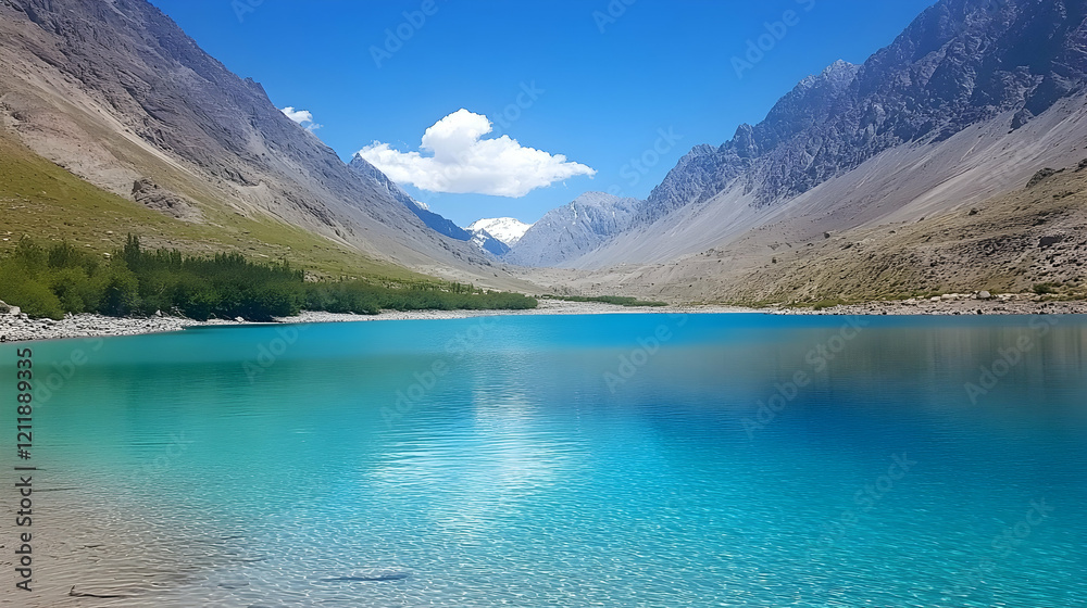 Obraz premium Serene turquoise mountain lake, clear water reflecting sky, background of majestic peaks, ideal for travel brochures