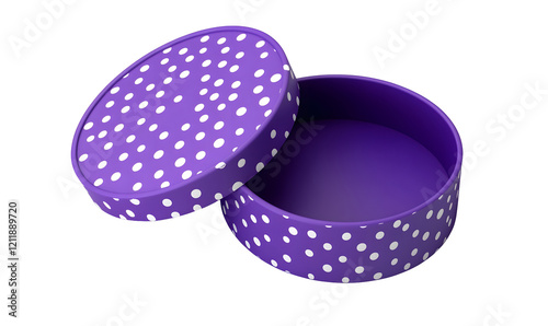 Purple polka dot gift box open, studio shot, white background, packaging mockup