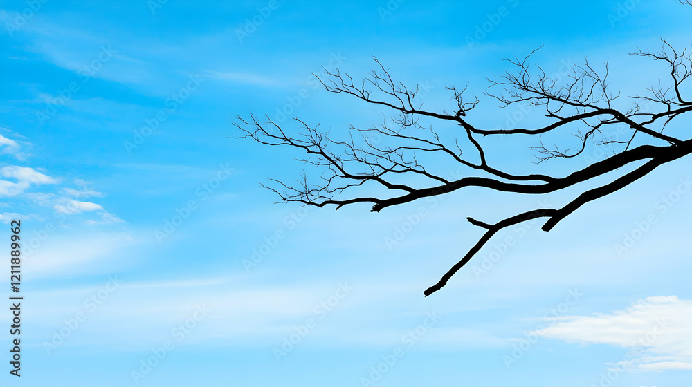 Silhouette of a bare tree branch against a vibrant blue sky with fluffy clouds; ideal for nature, serenity, or winter themes