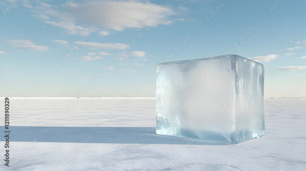 Single ice cube on snowy arctic landscape, clear sky background; perfect for climate change or purity concepts Single ice cube on snowy arctic landscape, clear sky background; perfect for climate change or purity concepts