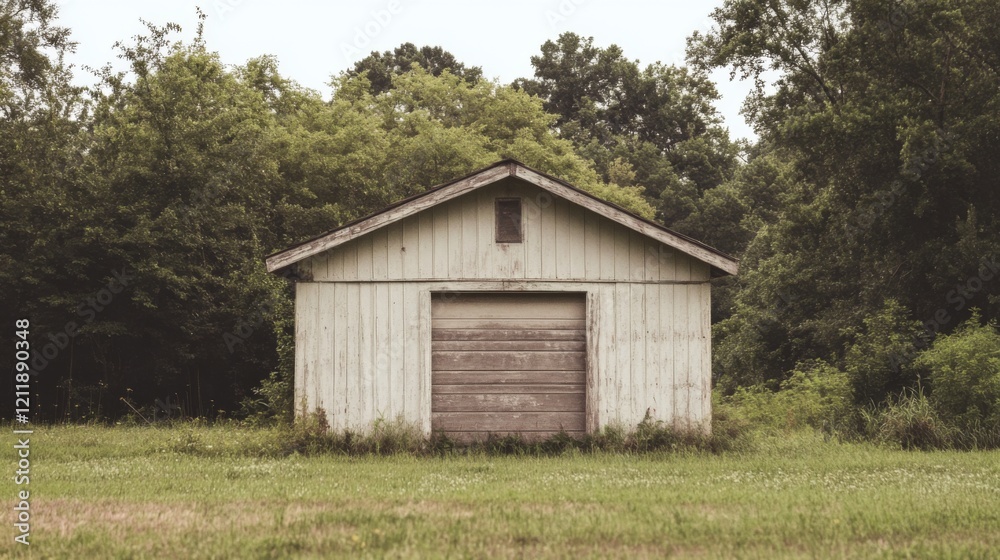 Rustic white shed in a grassy field, surrounded by lush green trees. Rustic white shed in a grassy field, surrounded by lush green trees.