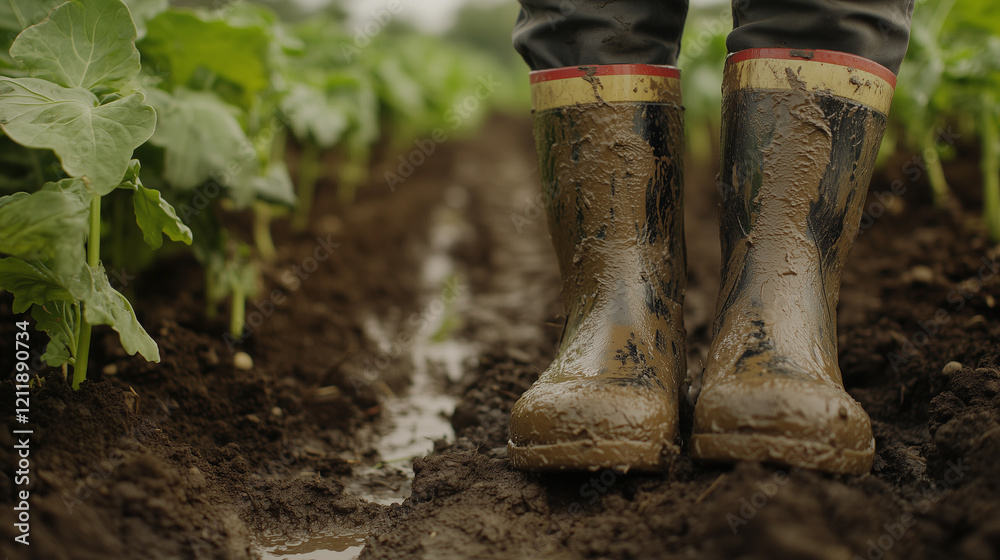 Muddy boots in a vegetable field after rain Muddy boots in a vegetable field after rain