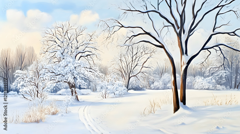 Snowy winter landscape, path through snow-covered trees, calm sunrise, idyllic winter scene, perfect for winter themed designs Snowy winter landscape, path through snow-covered trees, calm sunrise, idyllic winter scene, perfect for winter themed designs