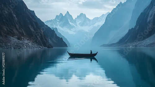 Solitary boatman on serene mountain lake, majestic peaks reflect in calm water; ideal for travel/nature brochures